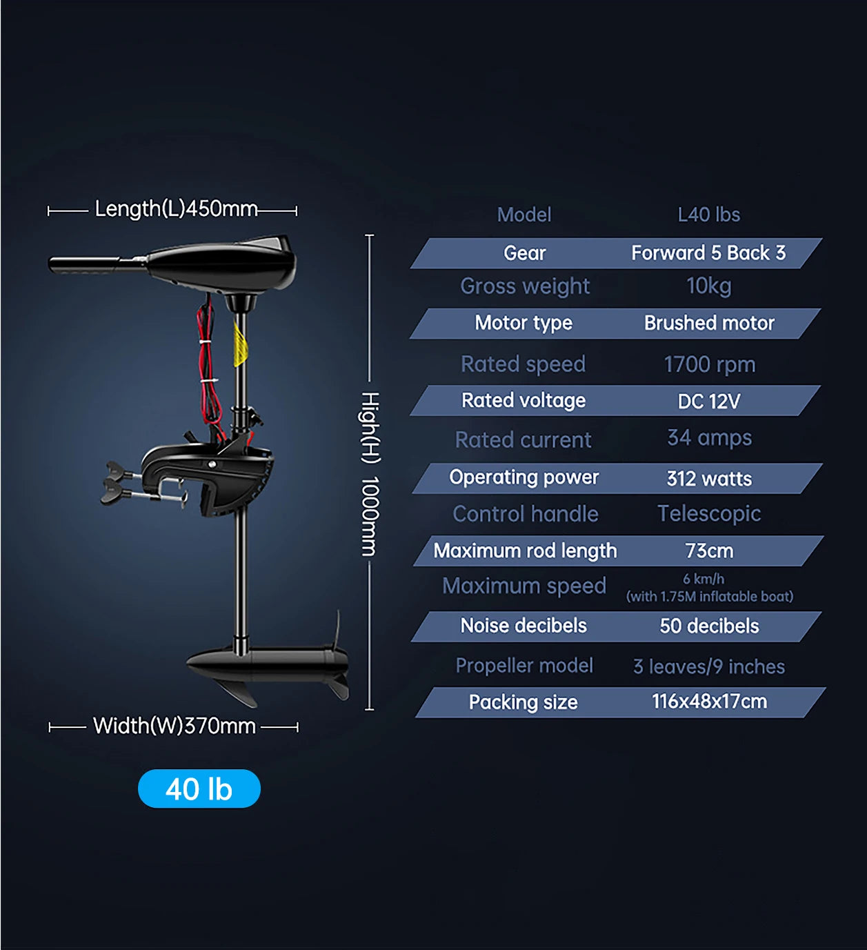 12V 40LBS Electric Kayak Motor